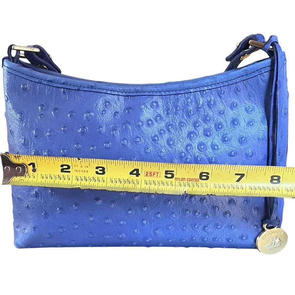 Brahmin Periwinkle Blue Ostrich Embossed Leather Small Shoulder Bag Gold Logo‎
